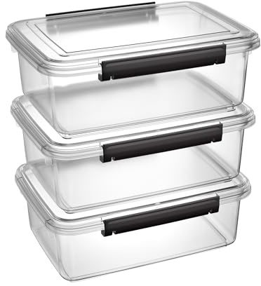 Cetomo 10L*3 Dog Food Storage Container, Airtight Food Containers, Silicone Seal and Snap Locks, Stackable Plastic Pet Food Bin with Lid for Dog, Cat, Bird, Storage Box, Clear, 10L/3.5kg-3 Pack