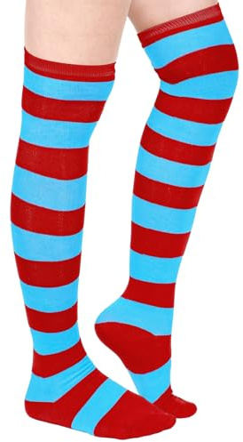 Blulu Calcetines hasta Rodilla a Rayas Calcetines Largos Altos hasta Muslo para Mujer Fiesta Disfraz Halloween(Rojo Azul)