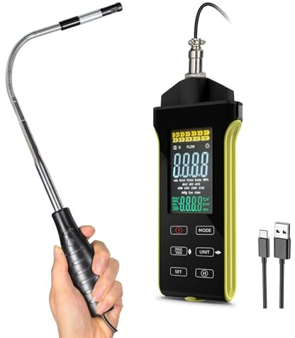 Hotwire Anemometer Handheld, HVAC Anemometer CFM/CMM Air Flow Velocity Meter with Telescopic Probe, Temperature and Humidity Air Flow Velocity, Professional Airflow Meter for HVAC Cone Duct