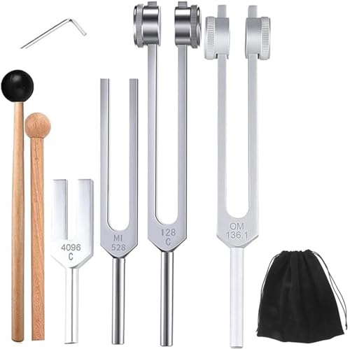 Roundsky 4 StüCke Stimmgabel Set (128 Hz, 136,1 Hz, MI 528 Hz, 4096 Hz), für die Heilung Von Chakra, Klangtherapie, Stressabbau