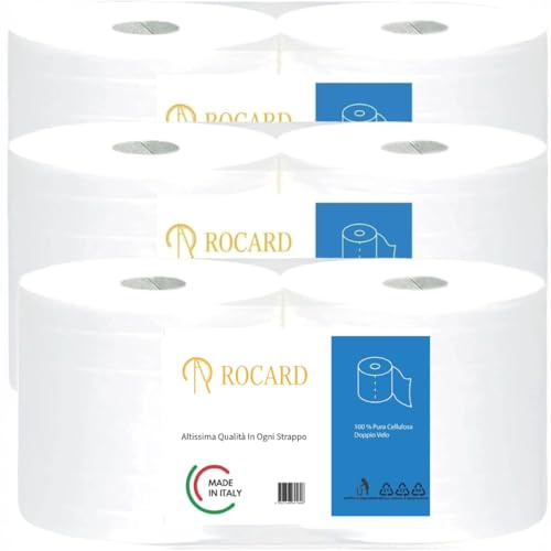 Rocard® – Maxi Carta – 6 Rotoloni Asciugatutto, Super Assorbenti, Fino a 4800 Strappi, 2 Veli Pura Cellulosa con Microgoffratura – Ideale per Uso Alimentare, Domestico e Professionale