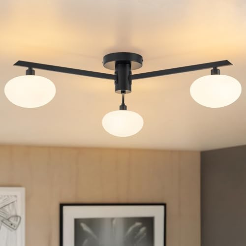 Phunchoo Semi Flush Mount Ceiling Light Fixture, Mid Century Modern 3-Light 22.5 Lighting Fixtures Ceiling Matte Black Ceiling Lights for Bedroom, Entryway, Hallway, Bathroom, Kitchen, Dining Room