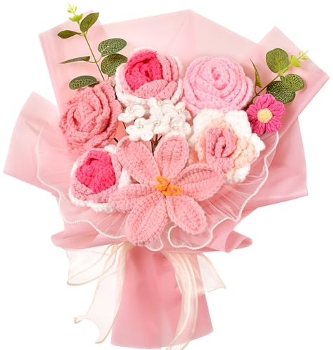Wishwell Pop Crochet Flowers Bouquet - Crochet Rose Tulip Knitted Flower for Mother's Day, Valentine's Day, Anniversary, Wedding, Birthday, Gifts for Mom, Friends, Lovers, Pink