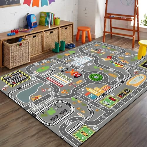 Bycmuoz City Life Traffic Playmat, 100x150cm, Car Road Map Rug for Kids, with Non Slip Backing Durable Shed Resistant Soft Rug, Dirty Resistant Washable Carpet for Kindergarten Dorm