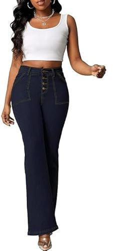 Women's High Waist Bootcut Jeans, Classic Denim, Button Fly Front, Wide Leg Style, Casual Wear