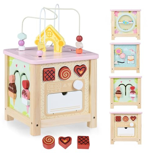 COSTWAY Cubo de Actividades de Madera, Juguetes Sensoriales Montessori para Niños de 18+ Meses, Juguetes Educativos para Bebés, Juguetes de Aprendizaje