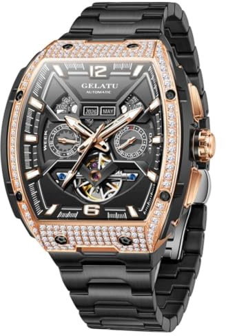OLEVS Automatic Men's Watches Fashion Diamond Dragon Skeleton Mechanical Self Winding Tourbillon Stainless Steel Waterproof Luminous Watches for Men, 6016: Black dial&black strap