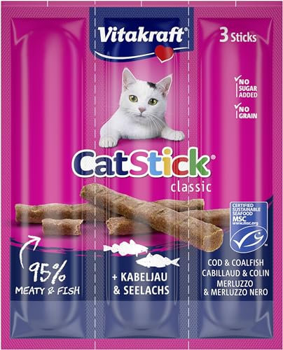 Vitakraft Cat Stick mit Colin und Kabeljau - Fischleckerli für Katzen - Rezept ohne Getreide und Zuckerzusatz (3 x 6g)