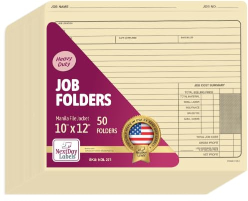 NextDayLabels - Job Folders Manila File Jacket 10” x 12” – Heavy Duty - Preprinted to Track Job Progress, Calculating Cost, and Customer Correspondences - 50 Folders