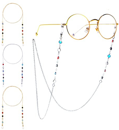 MengH-SHOP Chaîne de Lunettes Élégant Retenue de Lunettes Coloré Perle Chaîne de Lunettes de Soleil Femme Sangle de Collier de Lunettes avec Boucles en Gel de Silice 4 Pièces (Doré et Argent)