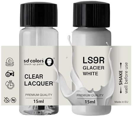 SD COLORS GLACIER LS9R 2Y S9R Kit de réparation de stylo de retouche 15 ML avec pinceau à copeaux de rayures LS9R 2Y S9R GLACIER Blanc (peinture+laqué)
