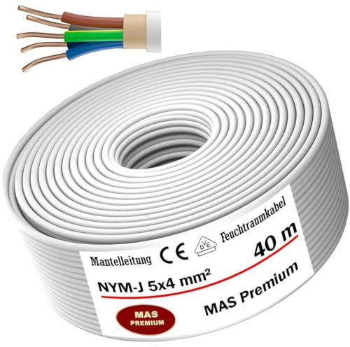 Cable de alimentación para ambientes húmedos, cable de alimentación de 5 m hasta 70 m, NYM-J, 5 x 4 mm², anillo de cable eléctrico para instalación fija (40 m)