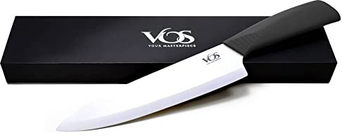 Vos Ceramic Chef Knife 8 Inch with Protection Cover – Large Ceramic Kitchen Knife for Slicing, Dicing, and Fruits – Lightweight Zirconia Blade – Luxury Gift Packaging – Ultra Sharp Chefs Knife (Black)