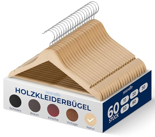 Solid Wooden Hangers, Mega Pack, 60 pieces Hangers for Clothes, Heavy Duty Suit Hanger Set with Chrome 360 Degree Swivel Hook, Notched Design, Natural Wood Color