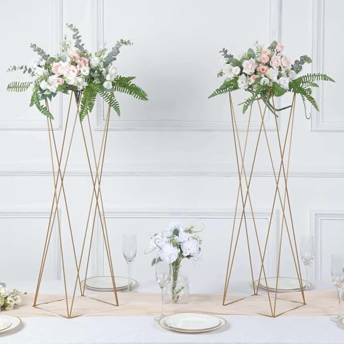 Efavormart 2 Pack | 32 Gold Geometric Crisscross Metal Frame Centerpieces, Open Column Pedestal Flower Stands