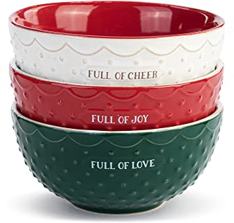 DEMDACO Full Of Cheer Red, Green, and White 7 Ounce Ceramic Christmas Baking Bowls Set of 3