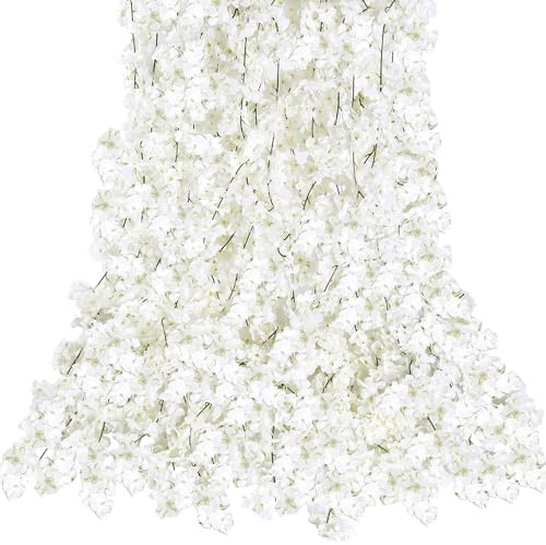 Sggvecsy Cherry Blossom Garland Artificial Cherry Flower Vines 6 Pack Hanging Silk Flowers Garland for Home Wedding Garden Party Arch Office Decor (White)