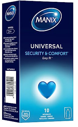 MANIX Universal: Boite de 10 préservatifs pour Homme | Préservatifs Fins et Lisses, Forme Droite, Lubrifiés et avec Réservoir| Largeur nominale 52mm | Facile à enfiler