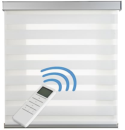 Natt och Dag Motoriserad Rullgardin Topp Premium Rullgardin med Motor och Maner. Automatiska Motoriserade Rullgardiner med batteri Finish Aluminium Premium Aluminium STORESDECO Chiffong Vit 200 x 250