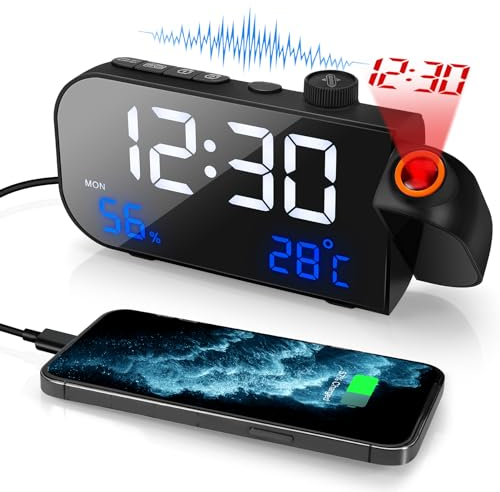 Wecker Nachttisch-Digitaluhren mit Netzbetrieb für Schlafzimmer mit UKW-Radio-Projektionsuhren USB-betriebene sprachgesteuerte Wecker mit Woche, Temperatur, Luftfeuchtigkeit, Schlummerfunktion