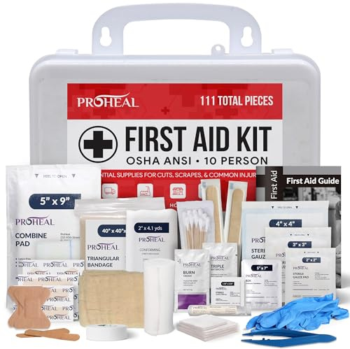 OSHA Compliant First Aid Kit - 10 Person, Type III, ANSI Class A, 111 Pieces Emergency Kit for Business, Office, Home, Workplace, Truck, Car & Construction Site - Latex Free, Wall Mountable | ProHeal