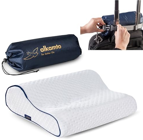 alkamto Reisekissen-Campingkissen-ergonomisches Memory-Schaum-Kissen mit temperaturregulierendem Bezug-Oeko-TEX Made IN Green (35 x 30 x 10/8 cm - Weiß)