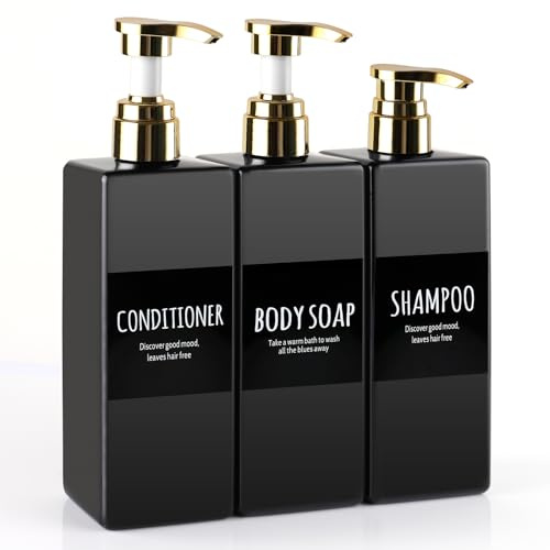 DEROANBOTT Soap Dispensers, 16.9oz Plastic Bottles with Gold Pumps & Waterproof Labels for Shampoo, Hand Soap, Body Wash - Ideal for Bathroom, Kitchen, Living Room, Set of 3 (Black)