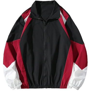 SOLY HUX Men's Varsity Jacket Zipper Color Block Windbreaker Jackets Long Sleeve Coats Streetwear Black Red Multi X-Large