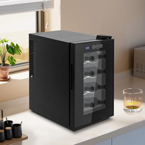Cave à vin design à 4 couches avec écran HD et panneau tactile de température, refroidisseur thermostatique à vin boissons, brandy, Home Bar Club armoire à vin 8 bouteilles 6,08 g