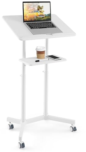 COSTWAY Mobile Lectern Podium, Height Adjustable Laptop Table Standing Desk with Tilting Top, Storage Tray, Cup Holder & Wheels, Portable Pulpit Stand Computer Workstation for Church Office (White)