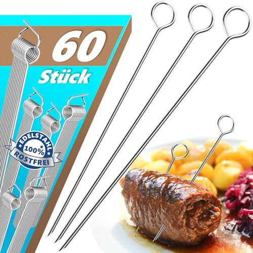 Menz Set di 60 aghi per rouladen, in acciaio inox, 10 cm, con occhiello per manico e punta affilata, come pratico sostituto per fermagli per involtini
