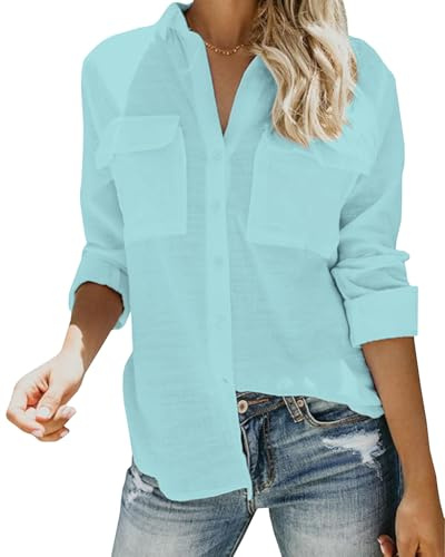 Friptspyg Blusa de Muselina Camisas de Manga Larga para Mujer Camisa de Mujer con Cuello en V 100% Algodón Tops con Dos Bolsillos,Azul Lago XXL