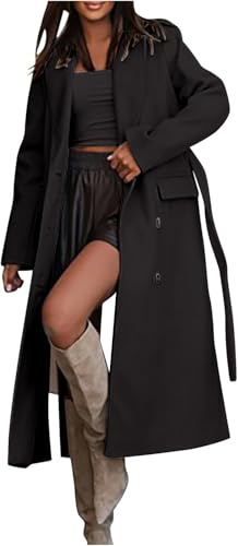 Donna Oversize Doppio Petto Risvolto Cappotto Giacca con Cintura Autunno Abbigliamento Casual Business Ufficio Risvolto Pisello Cappotto (Nero,L)