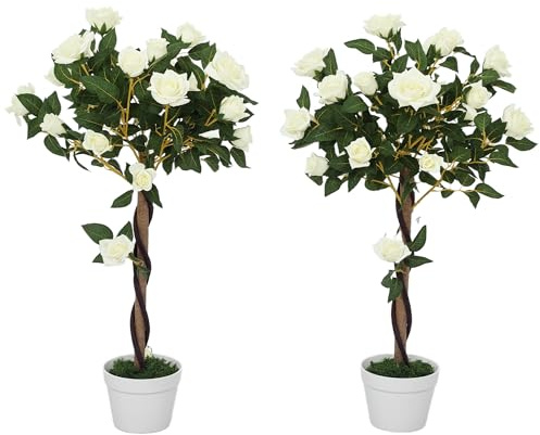 Outsunny 90cm Artificial Rose Tree with Twisted Trunk, Decorative Fake Plant with 350 Silk Leaves and 21 Flowers, UV-Resistant Faux Tree for Outdoor Indoor Garden Porch Decor, Set of 2, White