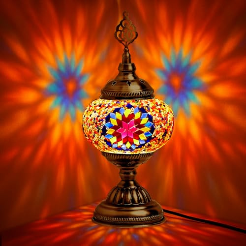 Baquler Large Globe Turkish Moroccan Table Lamp Handmade Vintage Colorful Moroccan Glass Lampshade Turkish Desk Lamp Bohemian Decorative Night Light for Bedroom, Living Room, Gift (LED Bulb Included)
