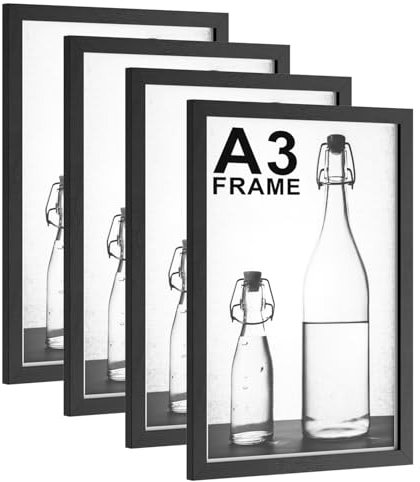 Pycisid A3 Picture Frames, Pack of 4 Poster Frames for A3 Print, Black A3 Photo Frames (29.7x42cm) with Safe Perspex, Wall Mounted