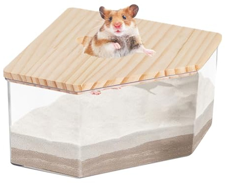 Hamster Sand Spa House - gnagare Habitat sandbricka, klar litet husdjur Critterr tvättbadkar | långvarig träramp ingår litet djur toalett gerbil badplats för barnrum, sovrum