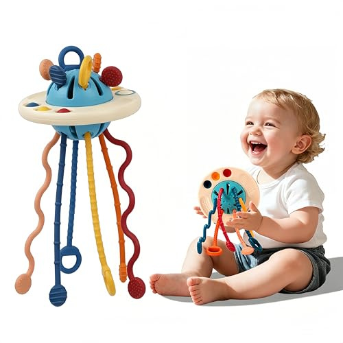 Fyxttalor Montessori Juguetes para Niños 1 Año, Set Sensorial 5 en 1 con Juguetes para Tirar, Anillos Apilables y Sonajeros Juguetes Educativos para la Motricidad Fina y El Desarrollo Sensorial