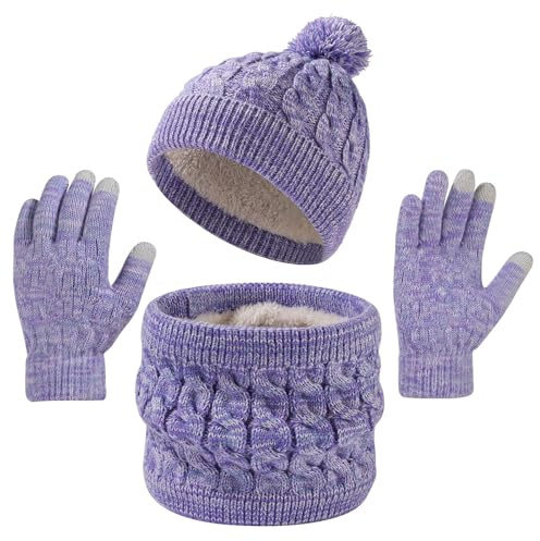 InfiniZer Kids Hat Scarf and Gloves Set for Boys & Girls, Soft Knitted Winter Beanie Hat, Neck Warmer and Touchscreen Gloves, 3-in-1 Thermal Set for Children Age 4-12 (Purple)