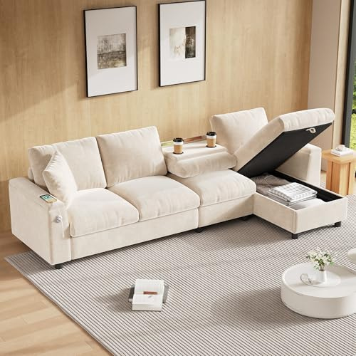Trdlpyn Divano ad Angolo 4 Posti con Contenitore, Divano in Tessuto Ciniglia con Tavolino Pieghevole(Due Portabicchieri e porta USB+ Type-C) Salotto Soggiorno Divano a Sinistro o Destro, Beige