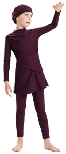 IMEKIS Kid Girls Muslim Swimwear Long Sleeve Burkini with Hijab Full Cover Rash Guard Modest Swimsuit 3pcs Tankini Set Bathing Suit Dark Purple 9-10 Years