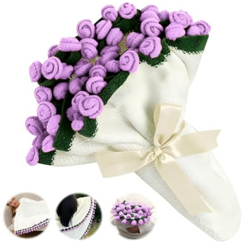 FARYODI Ramo de rosas Bouquet Blanket Ø110 cm, hecha a mano, manta de 68 rosas, romántica manta de flores de ganchillo, regalo para el Día de San Valentín, el Día de la Madre y cumpleaños para mujeres