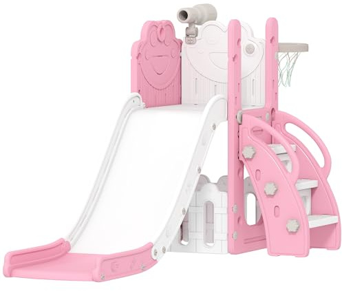 AIYAPLAY Kids Slide, 5 in 1 Toddler Slide Set with Basketball Hoop, Outdoor & Indoor Frog Theme Playset with Climbing Frame, Telescope, Storage Box for Toddlers Ages 1-3, Pink
