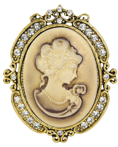 Gyn&Joy Broche con colgante de camafeo victoriano con diamantes de imitación de cristal transparente, Metal, Cristal, estrás