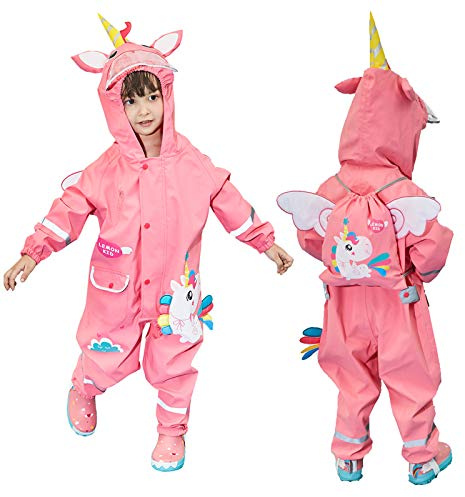 JinBei Impermeabile Ragazza Antipioggia Giacca Tuta Bambine con Cappuccio Unicorno 3D Rosa Bambina Traspirante Leggero con Striscia Riflettente Poncho Pantaloni per Bottoni Cerniera 6-8 Anni