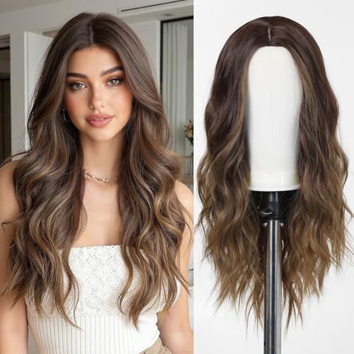 Esmee 24 tum långa ombre bruna peruker för kvinnor Naturligt syntetiskt hår peruk lös vågig peruk värmebeständig för daglig fest Cosplay Wear