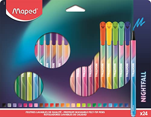 Maped - Filzstifte Nightfall – waschbare Tinte – mittlere Spitze super widerstandsfähig – dreieckige Form – Box mit 24 Filzstiften, lange Haltbarkeit 844402, mehrfarbig