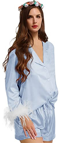 Y WJing Yi Jia Feather Pyjamas For Women Silk Satin Pyjama Set With Shorts Womens 2pc Pj Sets Bridesmaid Bride Pj Set Bridal Button Down Sleepwear Wedding Pajamas Loungewear