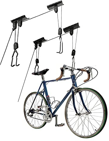Lot de 2 élévateurs de vélo avec poulie | Suspension de vélo pour montage au plafond | Charge maximale – 20 kg | Support plafond pour vélo électrique | élévateur de plafond pour vélo électrique avec