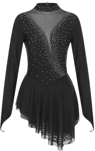 Oyolan Femme Robe Patinage Artistique Asymétrique Justaucorps Gymnastique Danse Strass Manches Longues Tenue Spectacle S-XXL
